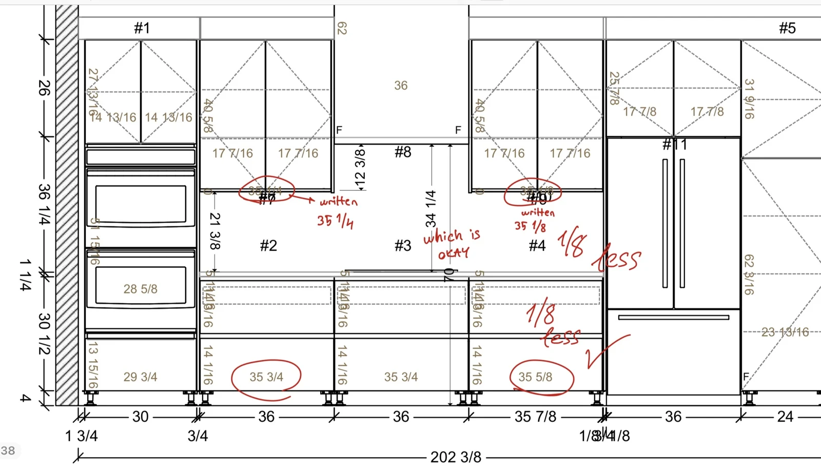 Dimensioned kitchen cabinetry elevation drawing