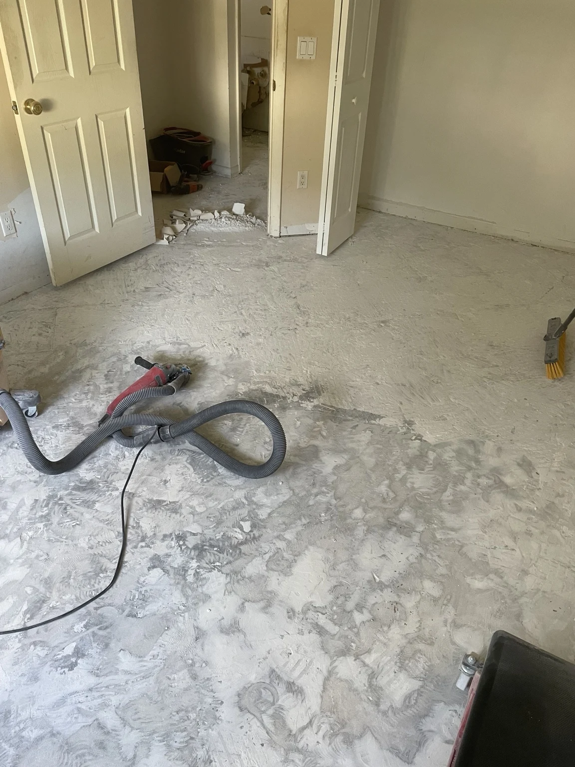 Bedroom floor preparation with dust extraction equipment